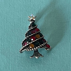 Rhinestone Christmas tree brooch, Christmas jewelry, Christmas brooch, holiday pin, rainbow Christmas tree pin, Christmas tree jewelry