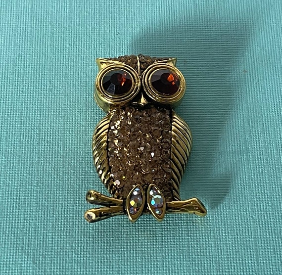 Vintage rhinestone owl pin, owl brooch, amber owl… - image 1