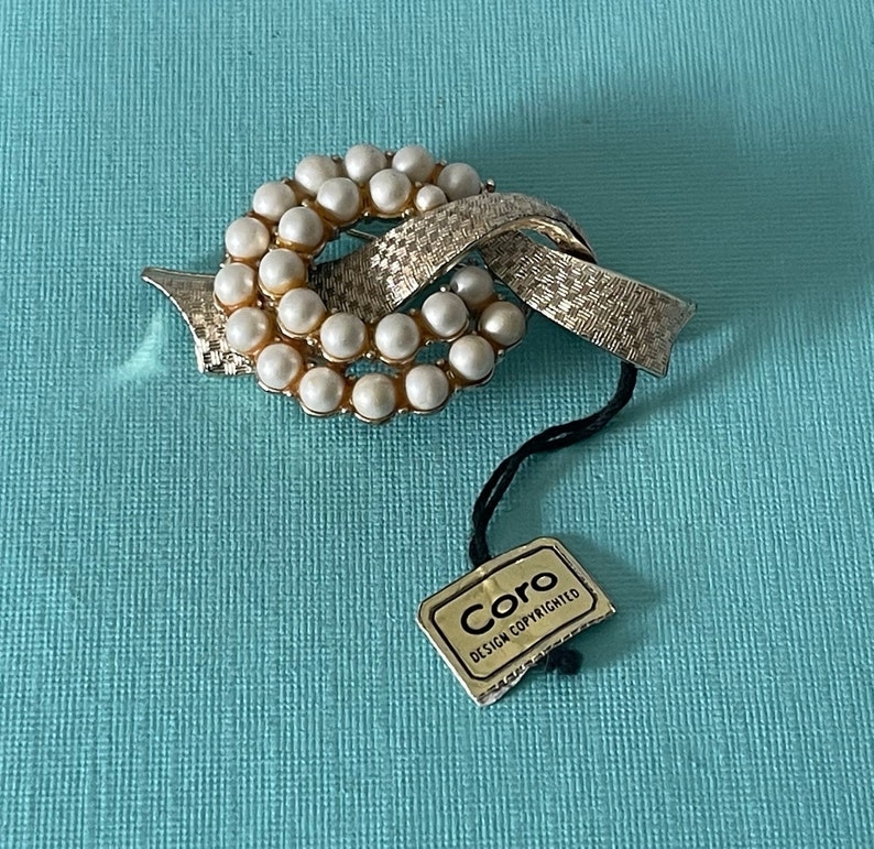 Vintage signed Coro, faux pearl brooch with orignal tag, Coro pin, faux pearl brooch, designer brooch, signed Coro, Coro pin image 1