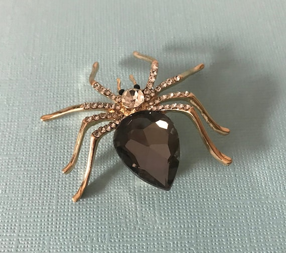 Rhinestone spider pin, black spider pin, gold spid