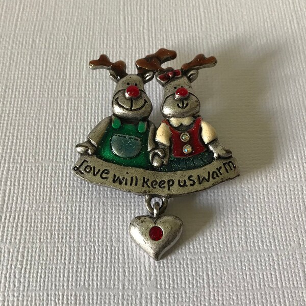 Vintage signed AJMC Reindeer brooch, Love will keep us warm, pewter Christmas pin, Christmas jewelry, reindeer pin, reindeer dangle pin