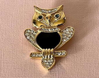 Vintage uggle nål med strass, ugglebrosch, guld- och svart uggle nål, fågel nål, fågelbrosch, ugglebrosch, fågelsmycken, ugglesmycken, ugglebrosch