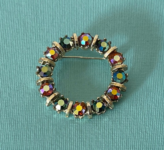 Vintage green and orange rhinestone wreath pin, green circle pin, orange circle pin, rhinestone circle pin, rhinestone wreath pin circle pin