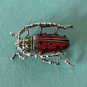 May include: A silver and red beetle brooch with black dots and green eyes. The beetle has a detailed design and is a statement piece.