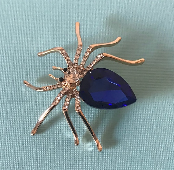 Rhinestone spider pin, spider brooch, blue rhines… - image 1