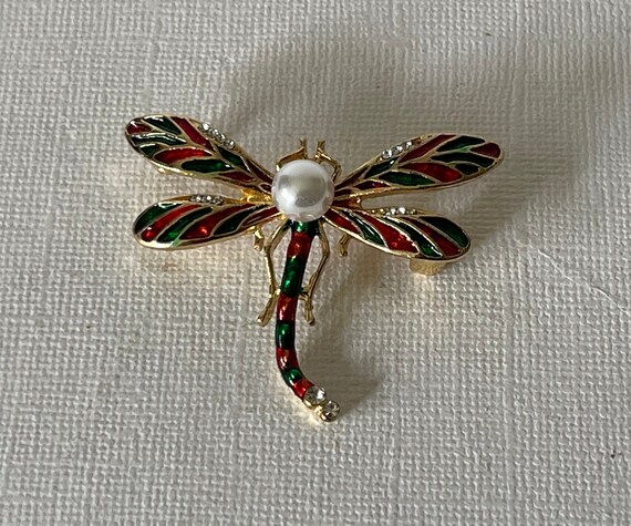 Rhinesotne dragonfly pin, faux pearl dragon fly p… - image 5