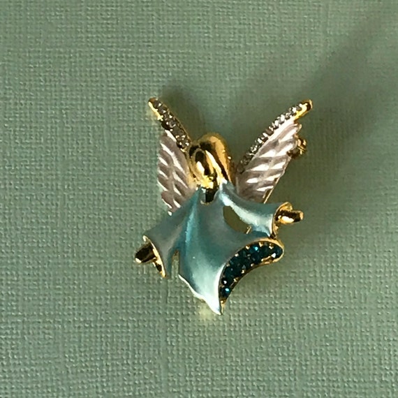 Vintage rhinestone angel brooch, blue angel pin, … - image 9