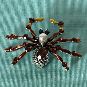 Rhinestone spider brooch, tarantula brooch, Halloween spider pin, wedding spider pin, lucky spider brooch, faux pearl spider, brown silver
