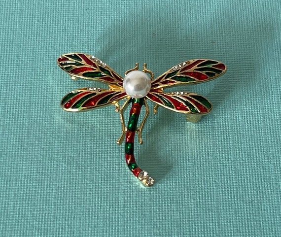 Rhinesotne dragonfly pin, faux pearl dragon fly p… - image 1