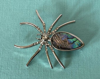 Rhinestone spider brooch, tarantula spider, Halloween spider pin, silver spider pin, abalone spider, spider jewelry, blue spider pin, spider