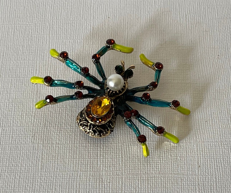 Large tarantula brooch, rhinestone spider pin, spider jewelry, wedding spider, lucky spider, blue spider pin, yellow spider, big spider pin image 4