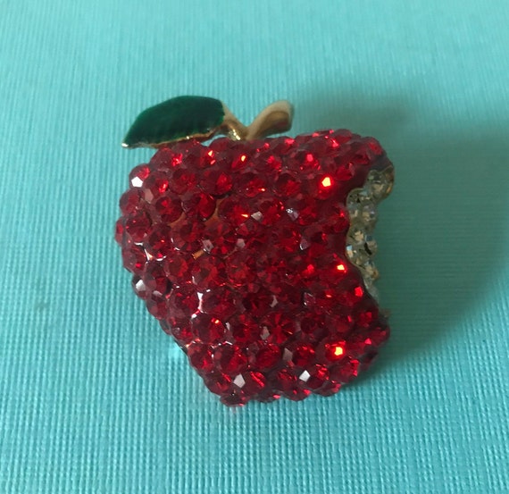 Vintage rhinestone apple pin, apple pin, the big a