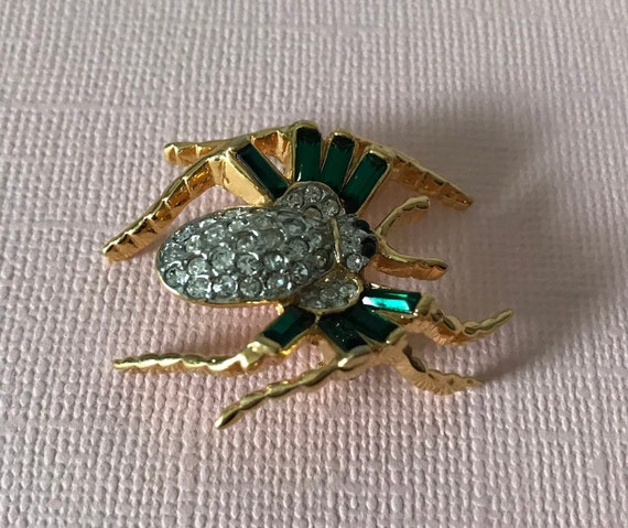 Vintage green rhinestone spider brooch, high end … - image 3