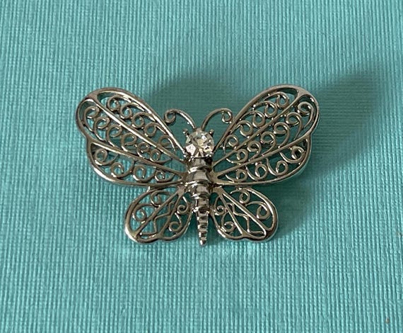 Vintage butterfly brooch, rhinestone butterfly pin silver butterfly brooch, butterfly jewelry, insect jewelry, moth, butterfly brooch