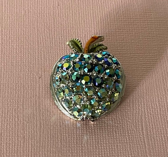 Vintage peacock rhinestone apple pin, blue rhines… - image 4