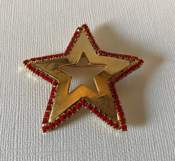 Vintage star brooch, red rhinestone star brooch, s