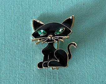 Black cat brooch, rhinestone cat pin, green eye cat pin, cat jewelry, cat gifts, rhinestone cat pin, Halloween cat pin, black cat brooch,