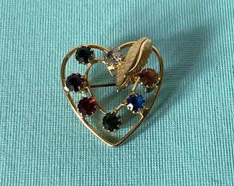 Vintage heart brooch, rainbow heart pin, Eastern Star heart brooch, heart jewelry, rhinestone heart brooch, OES heart brooch, heart pin