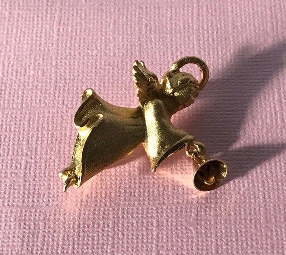Vintage angel pin, angel with bell pin, gold ange… - image 3