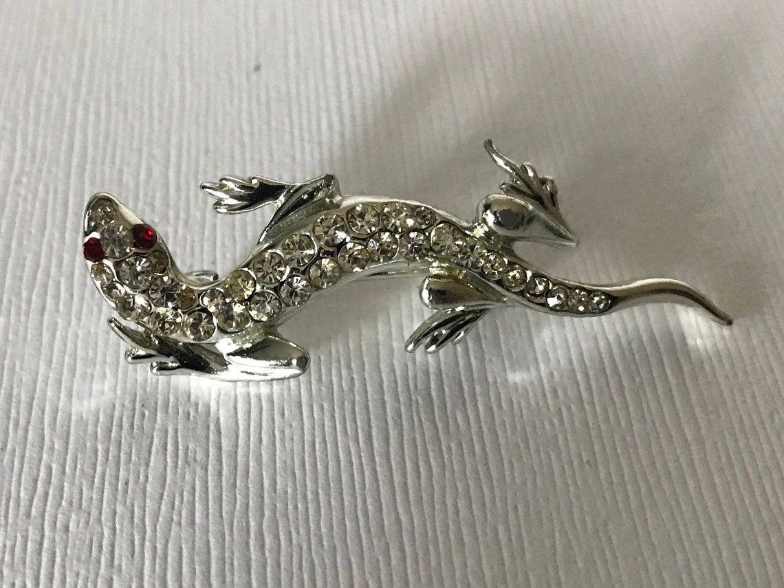 Vintage rhinestone silver lizard brooch lizard pin red eyes | Etsy
