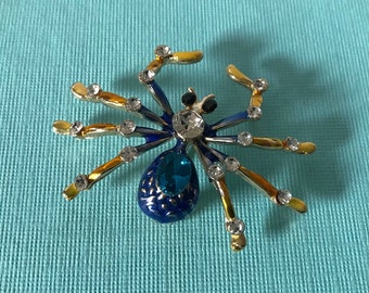 Rhinestone spider brooch, blue rhinestone spider pin, yellow spider brooch, spider jewelry, insect pin, blue rhinestone spider, spider pins