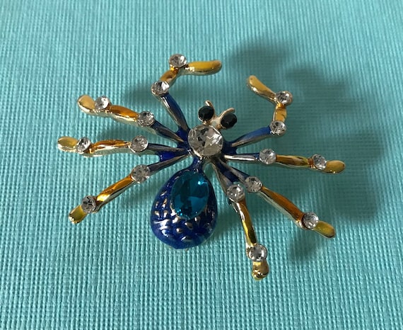 Rhinestone spider brooch, blue rhinestone spider … - image 1