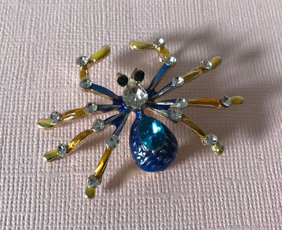 Rhinestone spider brooch, blue rhinestone spider … - image 6