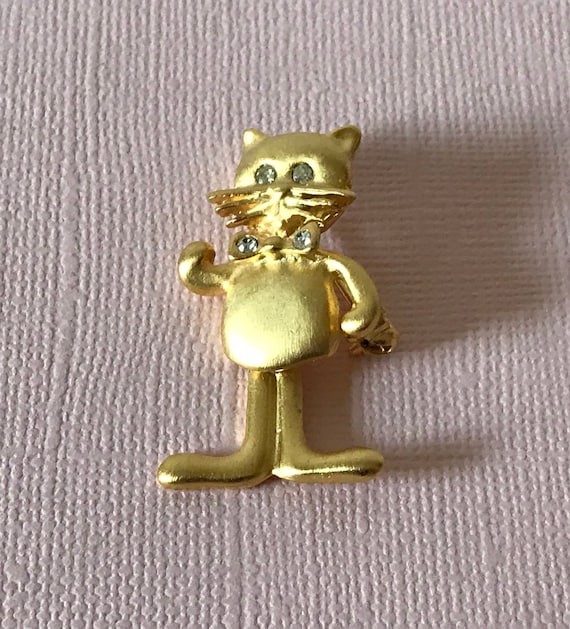 Vintage cat brooch gold cat pin, moveable cat pin… - image 3