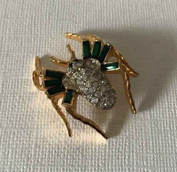 Vintage green rhinestone spider brooch, high end … - image 5