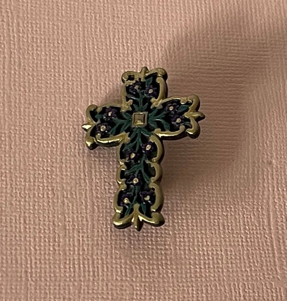 Vintage cross brooch, cross with flowers, gold cr… - image 7