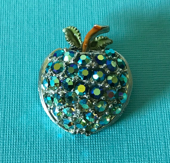 Vintage peacock rhinestone apple pin, blue rhinest