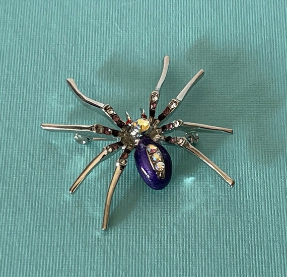Rhinestone spider pin, purple spider pin, silver … - image 1