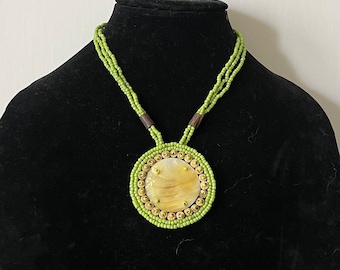 Vintage handmade beaded necklace, green beaded necklace, medallion necklace, 16" necklace, Mother of Pearl necklace, MOP glass bead necklace