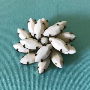 Vintage Juliana milk glass flower brooch, white flower pin, navette rhinestone flower pin, pronged flower brooch, vintage white flower pin