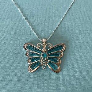 Vintage vlinderketting, vlinderhanger met kralen, blauwe vlinderketting, 24-inch ketting, zilveren vlinderketting, grote vlinder
