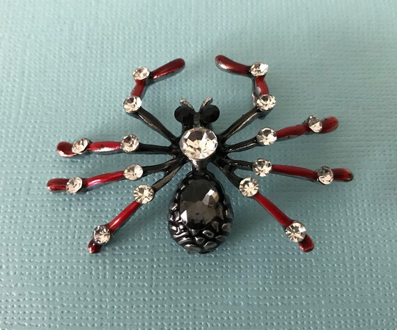 Black and red rhinestone spider pin, spider brooc… - image 2