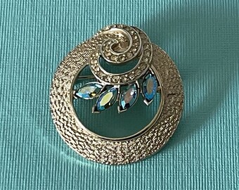 Vintage signed Kramer of New York brooch, rhinestone Kramer pin, blue rhinestone circle pin, signed Kramer, designer pins, RARE Kramer pin