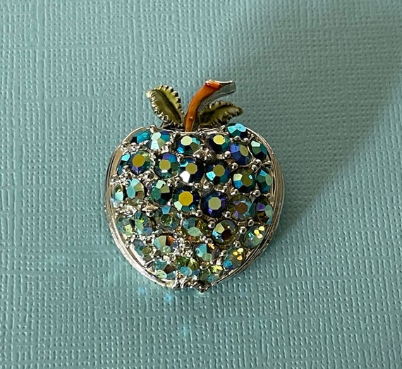 Vintage peacock rhinestone apple pin, blue rhines… - image 3