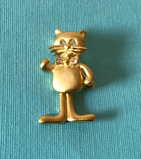 Vintage cat brooch gold cat pin, moveable cat pin… - image 2