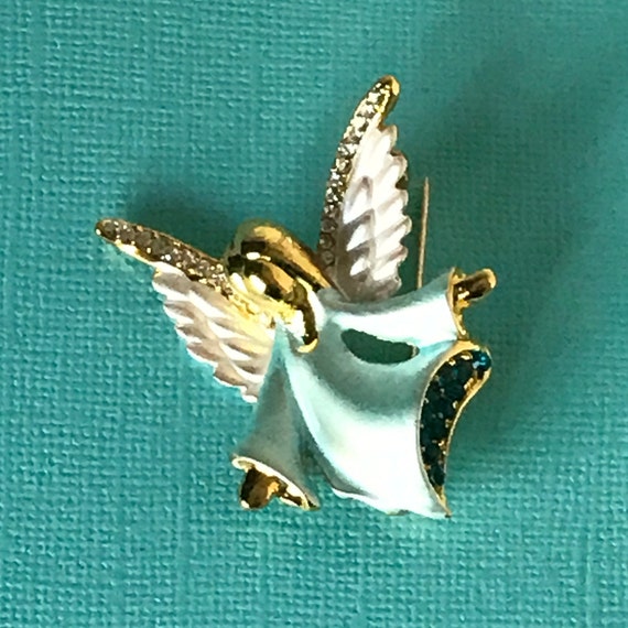 Vintage rhinestone angel brooch, blue angel pin, … - image 2