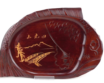 Vintage Mid Century Carved Wood Fish Shape Serving Platter Snack Tray Lacquer ware Made in Japan