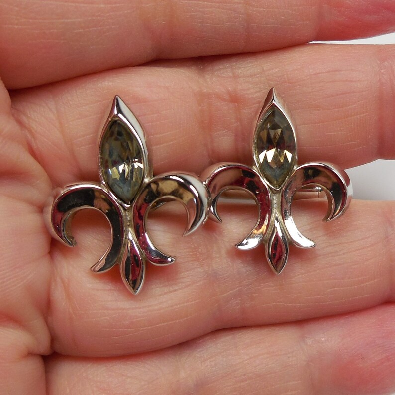 Fleur De Lis Cufflinks With Rhinestone Vintage Swank Silver Tone