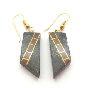 Drop Earrings Vintage Inlaid Stone and Wood Dangle