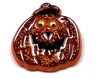 Épinglette d'Halloween vintage, citrouille, scintillant, yeux écarquillés, 1985