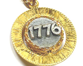 Pendentif spinner vintage des années 70, 1776 LIBERTY BELL argenté et doré