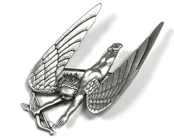 JJ Jonette Signed Brooch Pin Flying Cupid Angel 3.25"