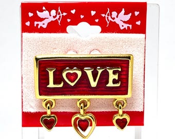 Épinglette Cœurs LOVE Spell Out, émail rouge vif, ton doré, vintage des années 80, Saint-Valentin