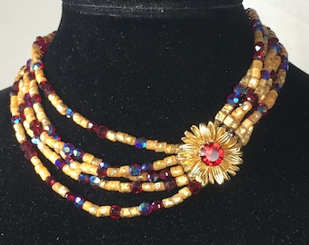 Vintage signed VOGUE Red AB Art Glass bead 5 strand Collar Necklace Flower Clasp