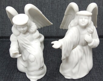 Enesco Christmas Angels Figurines Candle Holder Set White Porcelain 1986