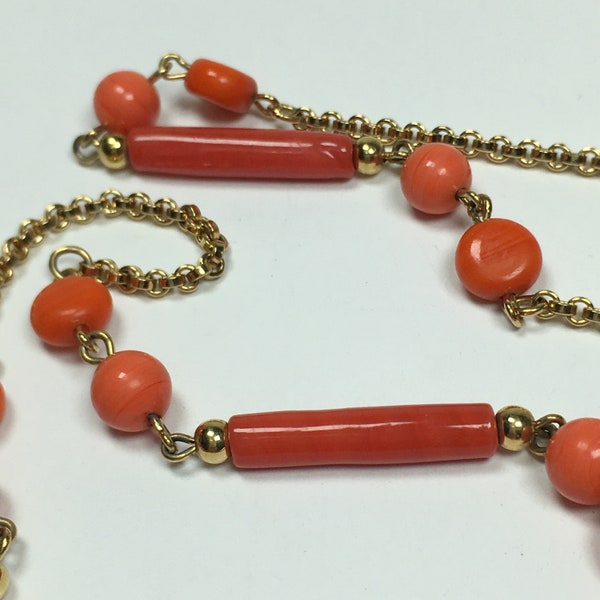 VENDOME Long Orange Glass Beaded Chain Necklace 36" Vintage Mod 70's
